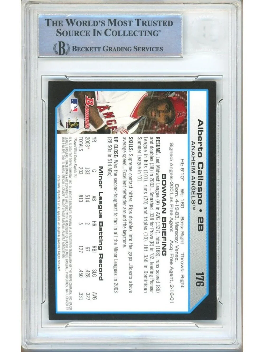Alberto Callaspo Signed 2004 Bowman #176 Los Angeles Angels BAS Slabbed Auto